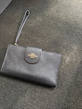 Coach Black Leather Wristlet Clutch with Gold Logo
